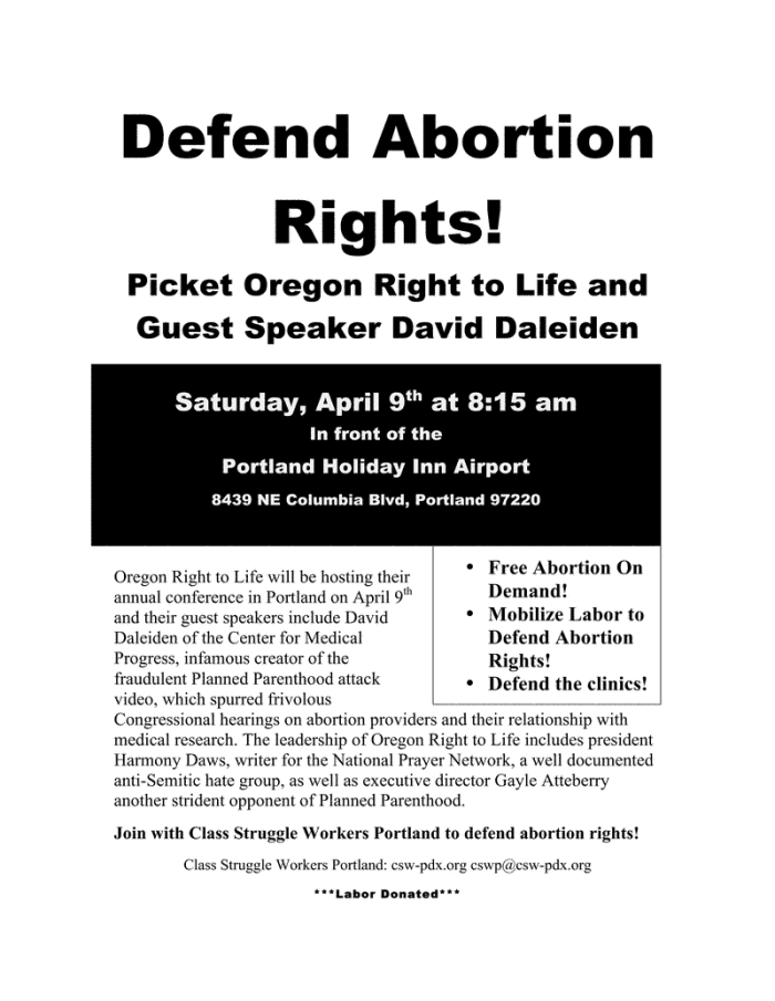 Defend Abortion Rights! Saturday 9 April 2016, 8:15 a.m. at the Portland, Oregon Airport Holiday Inn
