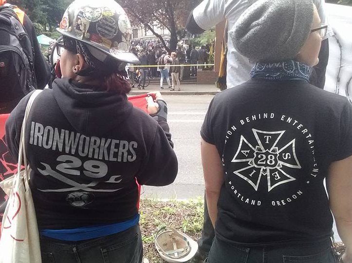Rebecca L. (right) at labor protest against fascists.